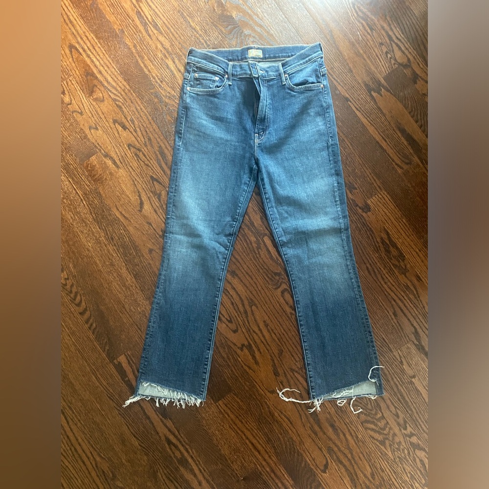MOTHER Mid-Blue Straight-Leg Jeans with Frayed Hem